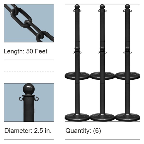 Mr. Chain Black Medium Duty Stowable Stanchion Kit and Chain, 6PK 73703-6 - main